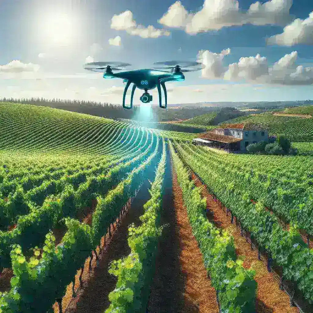 "Drone equipped with advanced AI technology flying over a lush agricultural field in Portugal, showcasing precision farming techniques for optimized crop management."