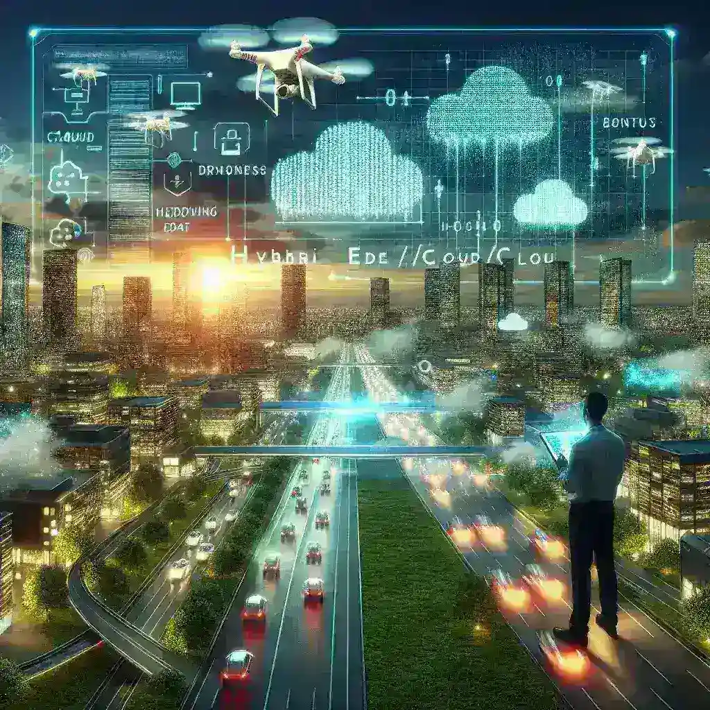 "Imagem ilustrativa de mobilidade autônoma urbana, destacando veículos autônomos em uma cidade moderna, com conceitos de edge/cloud híbrido para otimização de dados e conectividade em tempo real."