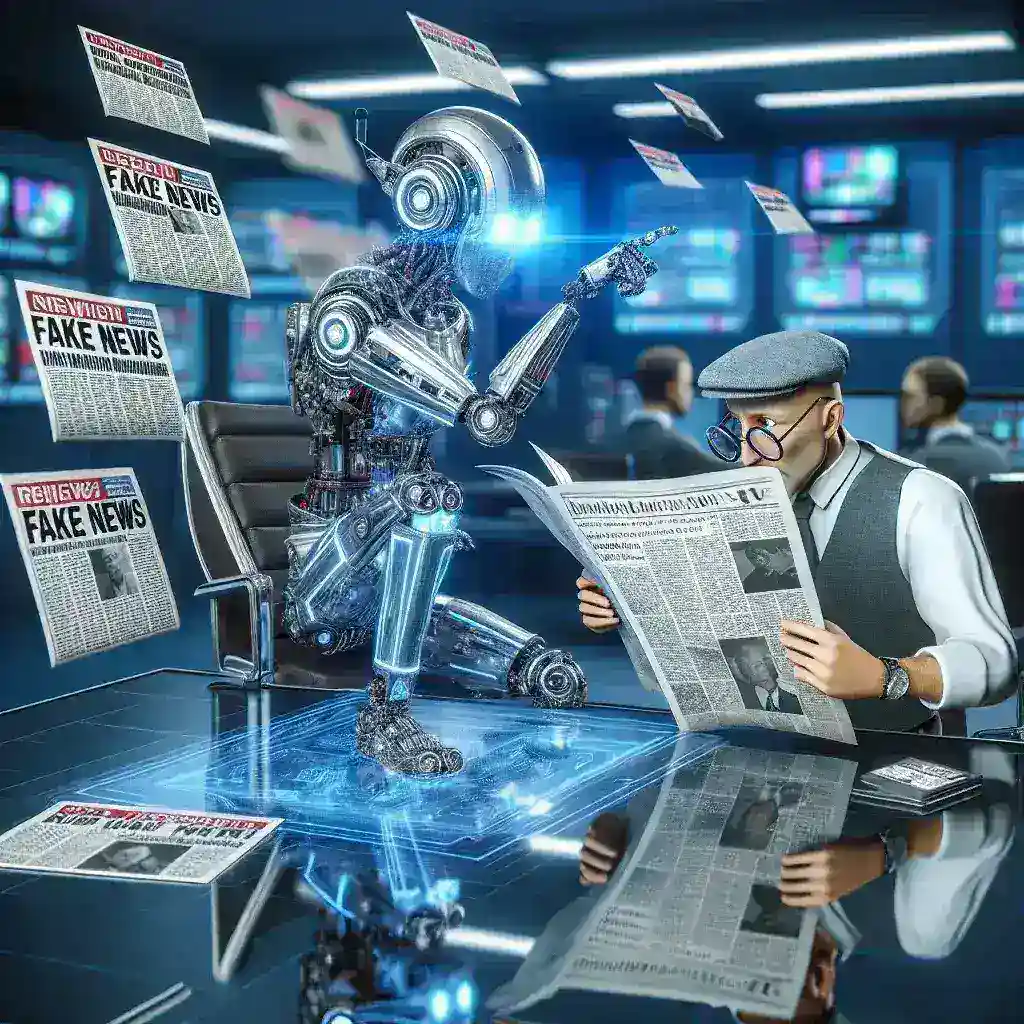 "Imagem ilustrativa de um robô analisando notícias em um computador, simbolizando como a IA detecta fake news com mais rapidez que jornalistas humanos."