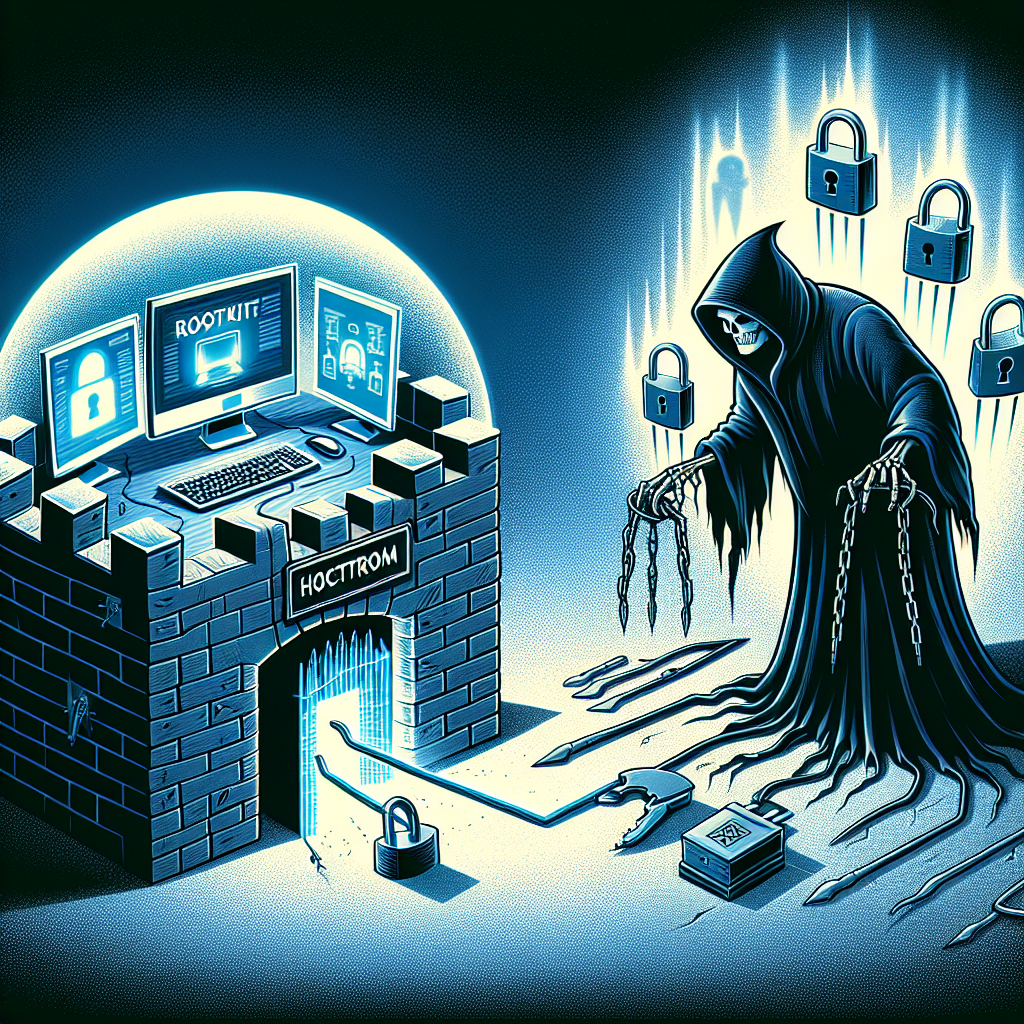 "Imagem ilustrativa de um rootkit em ação, mostrando linhas de código e um computador comprometido, destacando como rootkits são usados em hacking. Artigo: O que são Rootkits e Como Eles São Usados em Hacking."